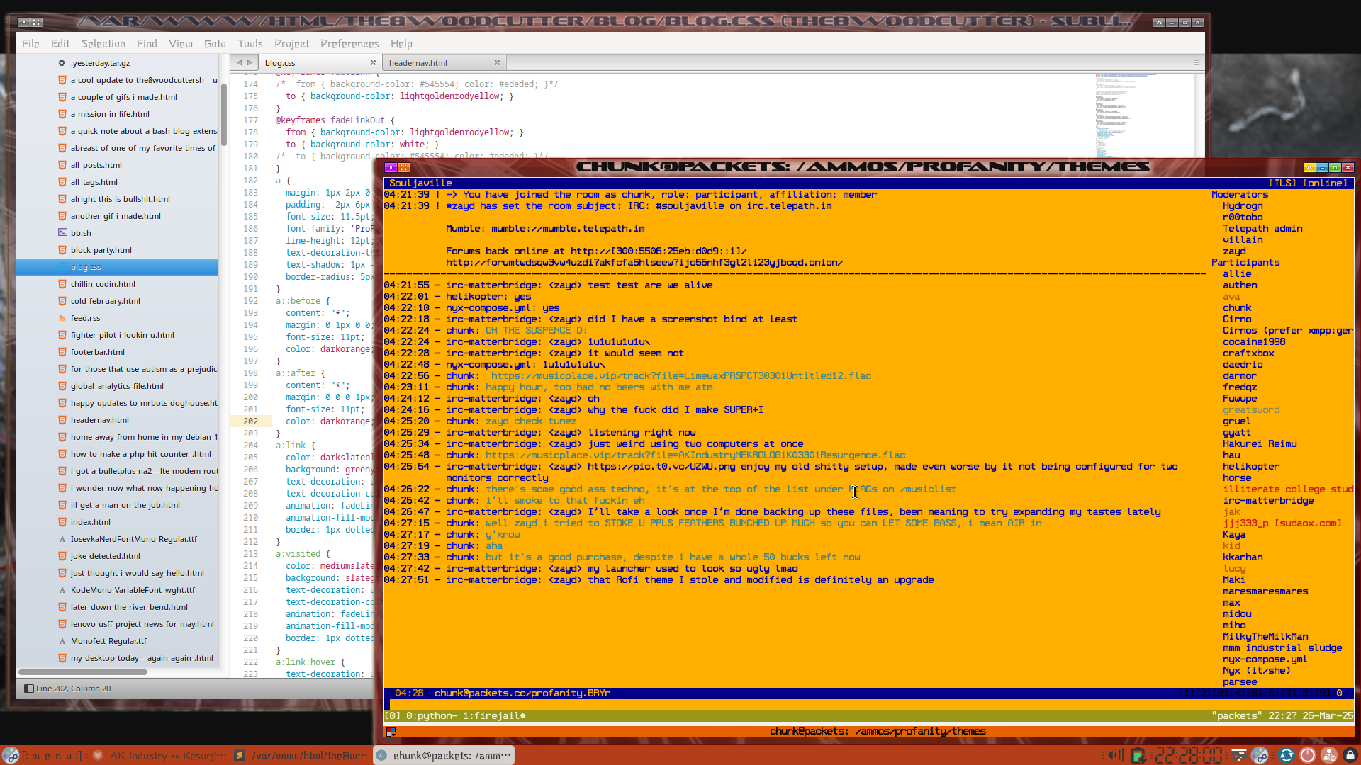 Profanity in terminator with snikket theme, using IBM Plex Mono font, and in the background sublime text with light sodareloaded theme, as well as compiz and emerald themer on xfce4 debian 12 hp elitebook
